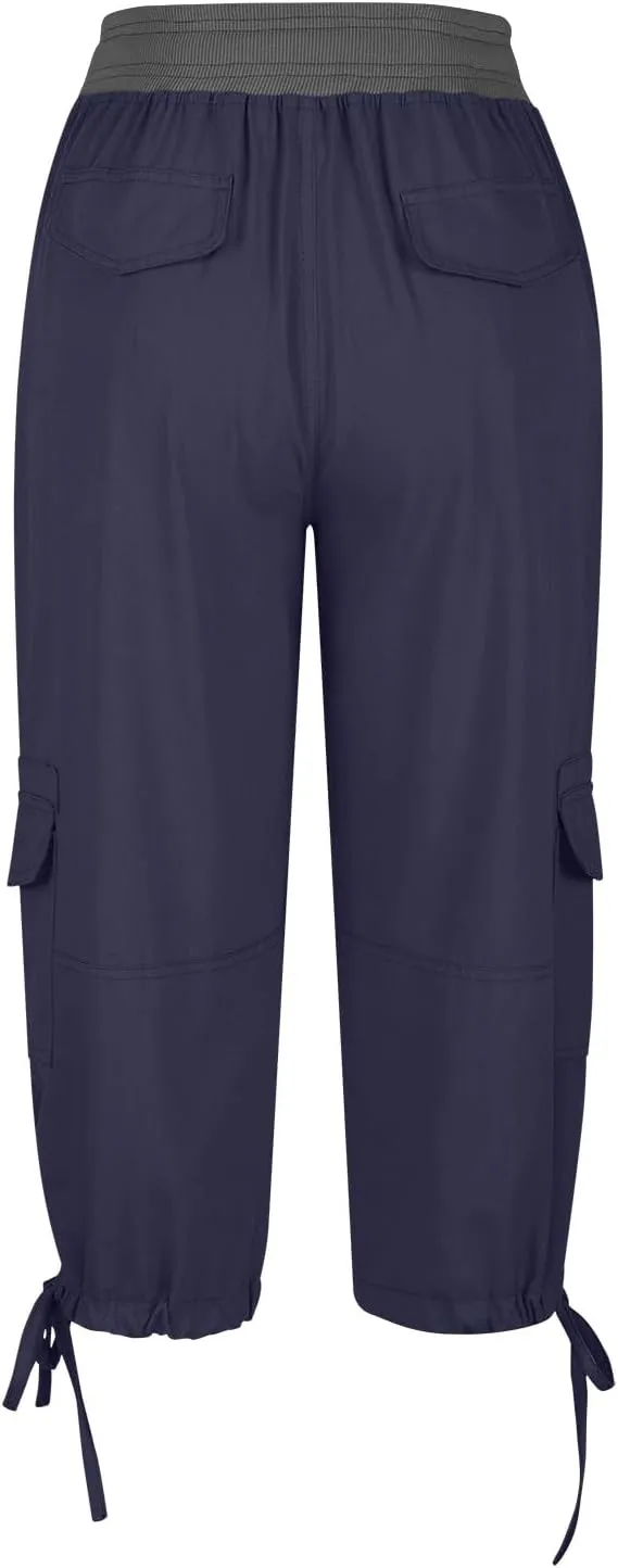 Womens Cargo Capris Summer Casual Cropped Linen Pants Low Rise Drawstring Outdoor Hiking Pants Cotton Bermuda Shorts