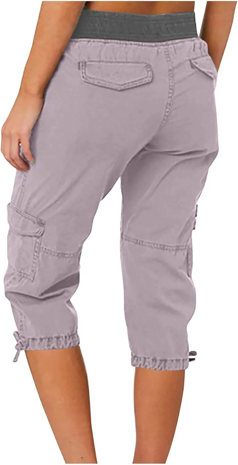 Womens Cargo Capris Summer Casual Cropped Linen Pants Low Rise Drawstring Outdoor Hiking Pants Cotton Bermuda Shorts