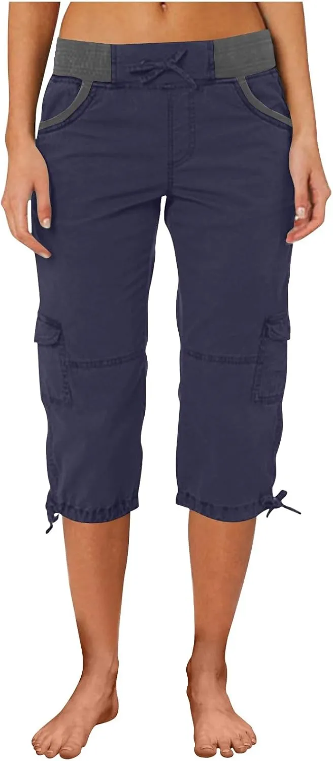 Womens Cargo Capris Summer Casual Cropped Linen Pants Low Rise Drawstring Outdoor Hiking Pants Cotton Bermuda Shorts