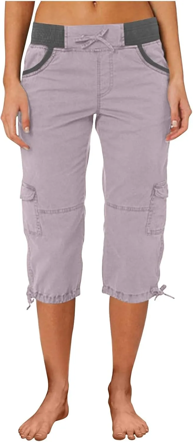 Womens Cargo Capris Summer Casual Cropped Linen Pants Low Rise Drawstring Outdoor Hiking Pants Cotton Bermuda Shorts