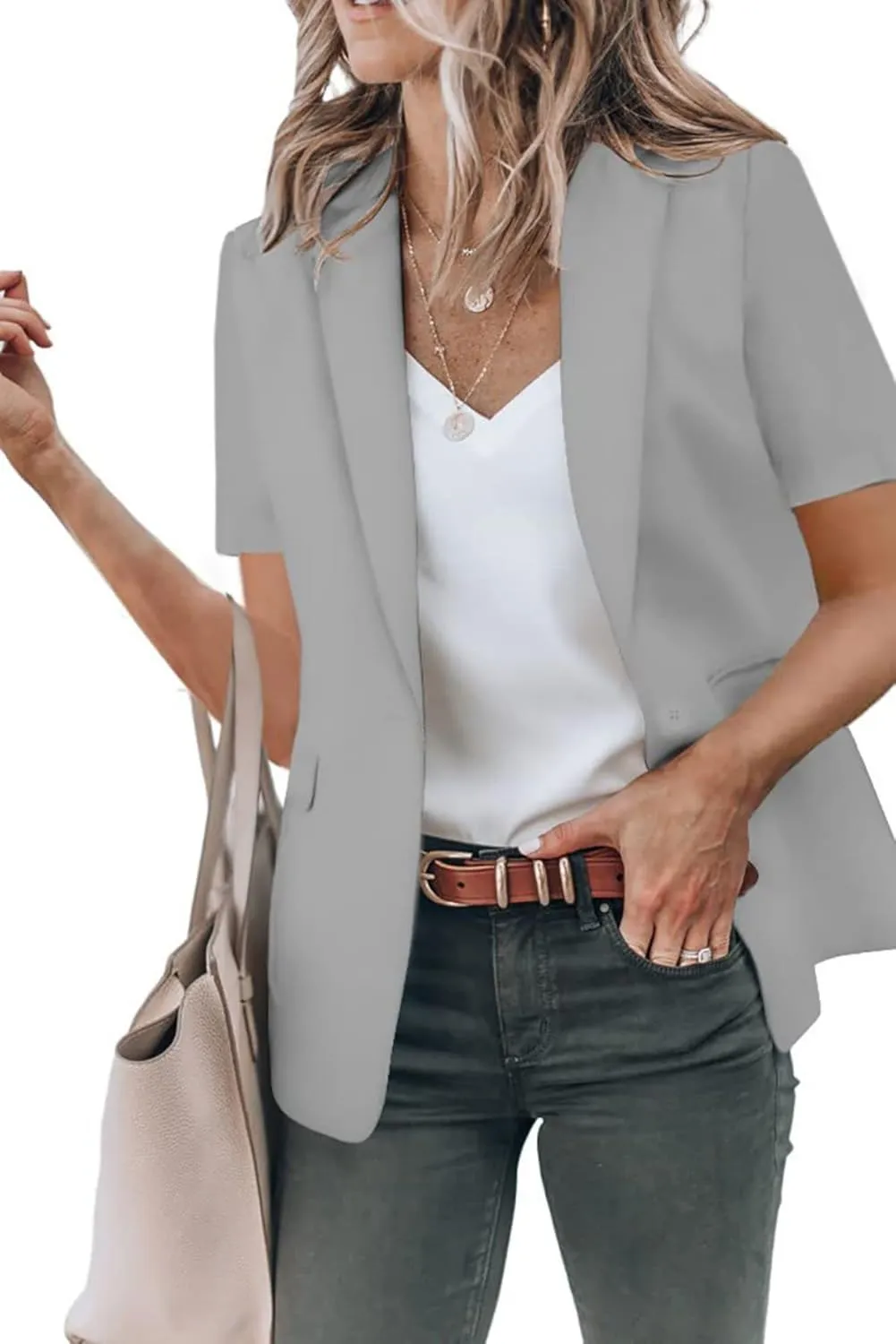 Womens Casual Blazers Work Office Suit Jackets Open Front Short Sleeve Suit Lapel Jacket Blazer with Pockets