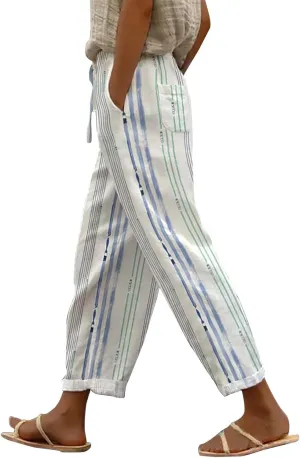 Womens Casual Boho Linen Pants Floral Cotton Linen Casual Pants Drawstring Linen Pants Women Women's Cotton Linen