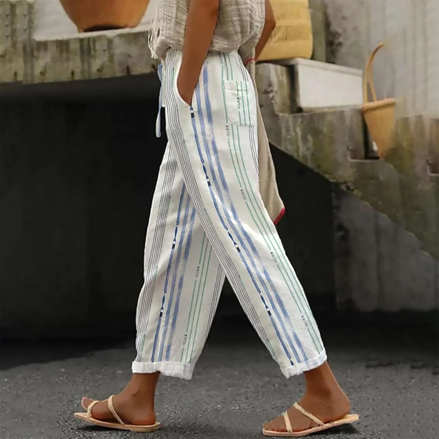 Womens Casual Boho Linen Pants Floral Cotton Linen Casual Pants Drawstring Linen Pants Women Women's Cotton Linen