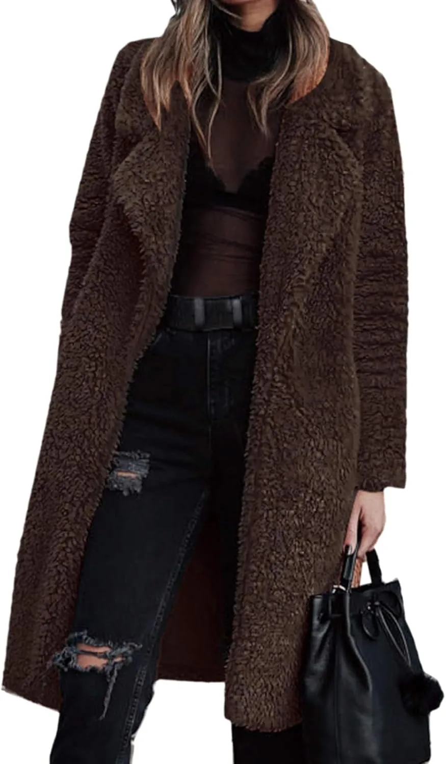 Womens Casual Fuzzy Fleece Long Jackets Zip Up Trench Coats Long Sleeve Lapel Cardigan Fall Winter Warm Outerwear