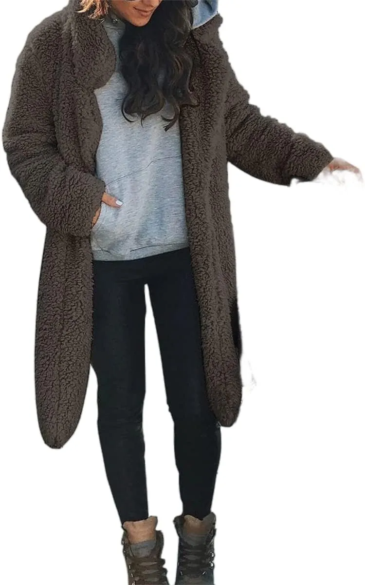 Womens Casual Fuzzy Fleece Long Jackets Zip Up Trench Coats Long Sleeve Lapel Cardigan Fall Winter Warm Outerwear