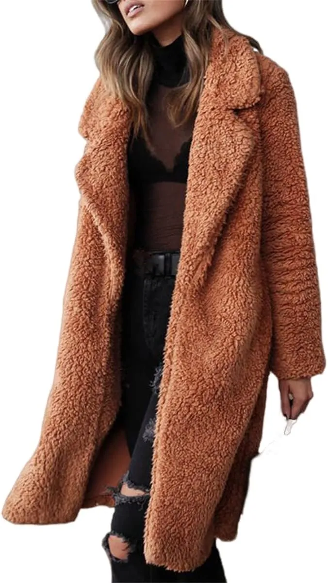 Womens Casual Fuzzy Fleece Long Jackets Zip Up Trench Coats Long Sleeve Lapel Cardigan Fall Winter Warm Outerwear
