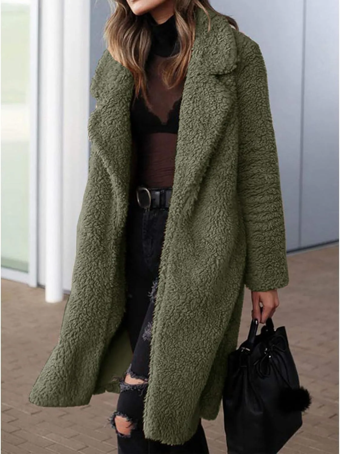 Womens Casual Fuzzy Fleece Long Jackets Zip Up Trench Coats Long Sleeve Lapel Cardigan Fall Winter Warm Outerwear