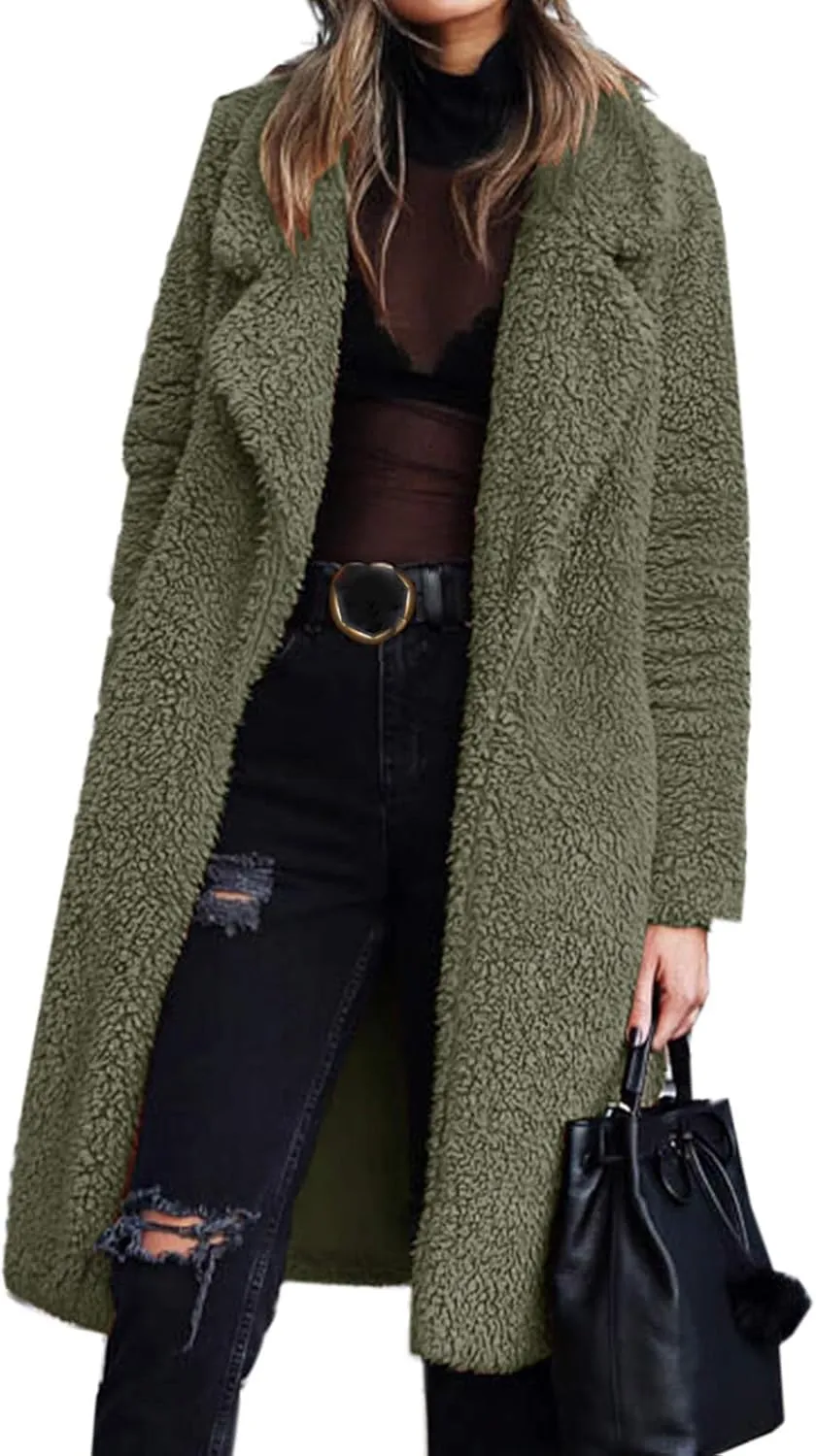 Womens Casual Fuzzy Fleece Long Jackets Zip Up Trench Coats Long Sleeve Lapel Cardigan Fall Winter Warm Outerwear