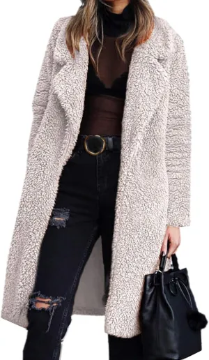 Womens Casual Fuzzy Fleece Long Jackets Zip Up Trench Coats Long Sleeve Lapel Cardigan Fall Winter Warm Outerwear