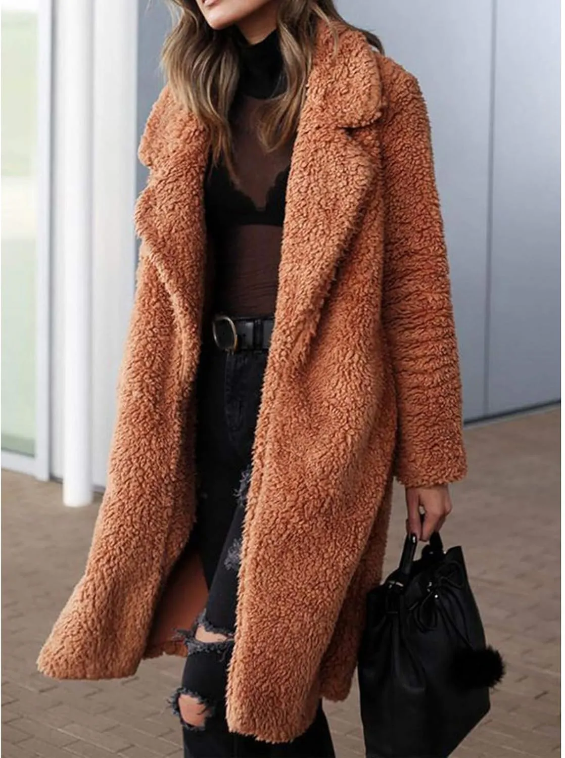 Womens Casual Fuzzy Fleece Long Jackets Zip Up Trench Coats Long Sleeve Lapel Cardigan Fall Winter Warm Outerwear
