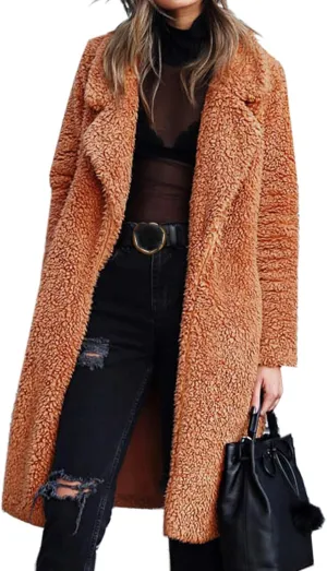 Womens Casual Fuzzy Fleece Long Jackets Zip Up Trench Coats Long Sleeve Lapel Cardigan Fall Winter Warm Outerwear