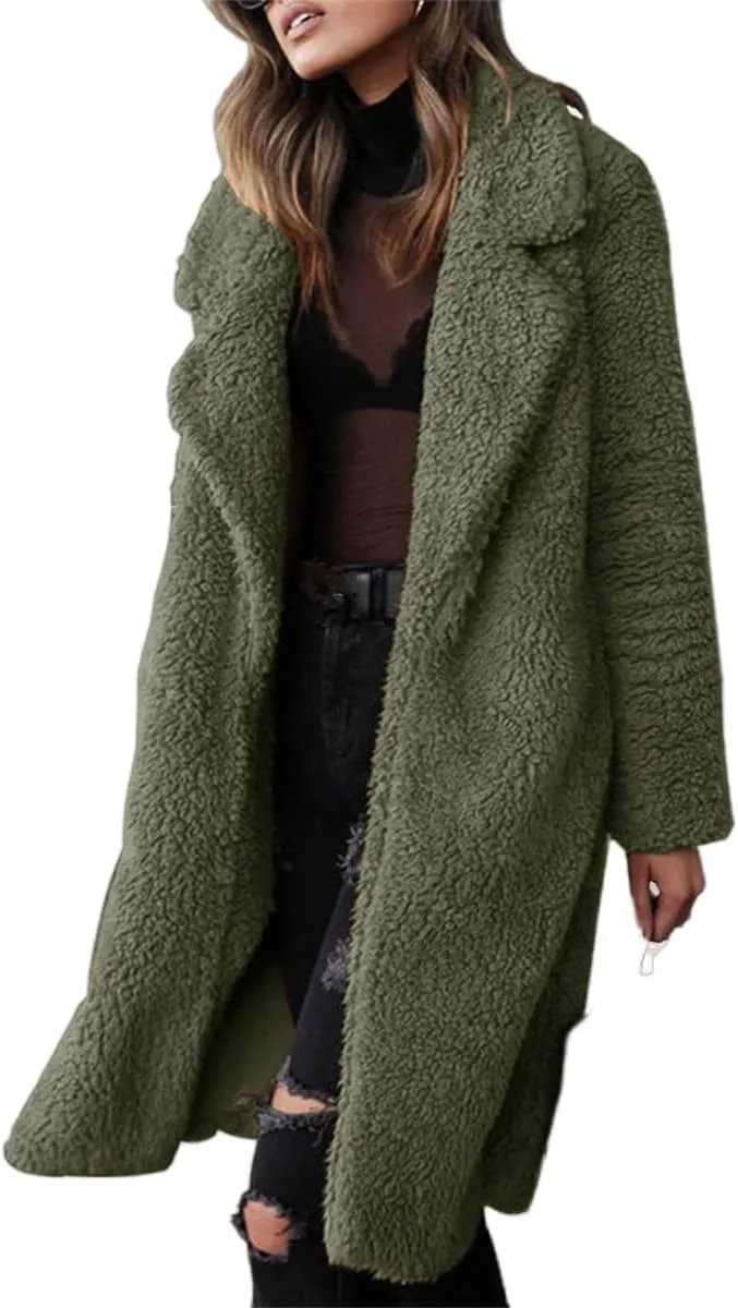 Womens Casual Fuzzy Fleece Long Jackets Zip Up Trench Coats Long Sleeve Lapel Cardigan Fall Winter Warm Outerwear