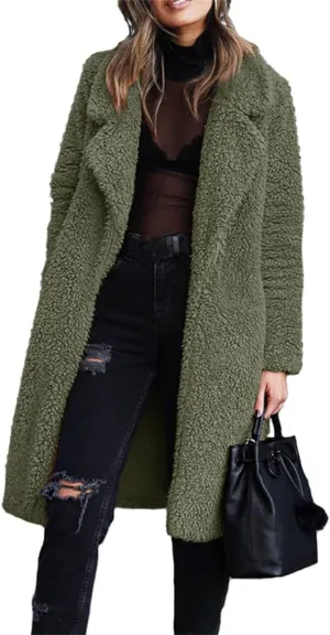 Womens Casual Fuzzy Fleece Long Jackets Zip Up Trench Coats Long Sleeve Lapel Cardigan Fall Winter Warm Outerwear