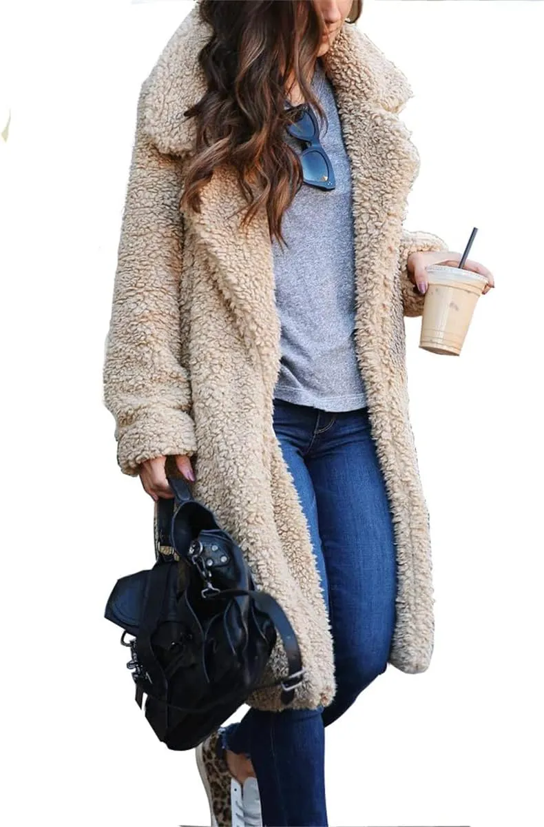 Womens Casual Fuzzy Fleece Long Jackets Zip Up Trench Coats Long Sleeve Lapel Cardigan Fall Winter Warm Outerwear