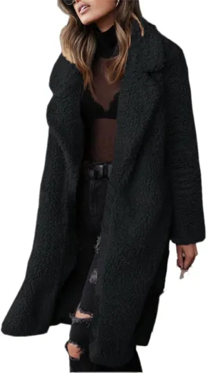 Womens Casual Fuzzy Fleece Long Jackets Zip Up Trench Coats Long Sleeve Lapel Cardigan Fall Winter Warm Outerwear