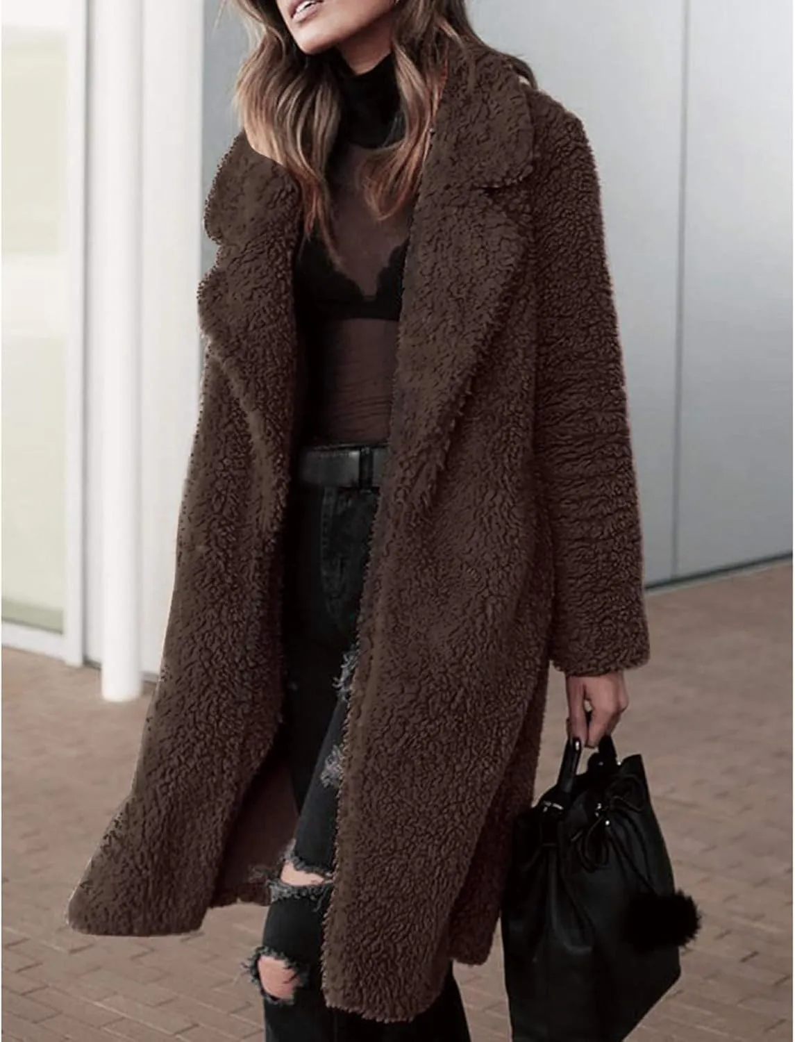 Womens Casual Fuzzy Fleece Long Jackets Zip Up Trench Coats Long Sleeve Lapel Cardigan Fall Winter Warm Outerwear
