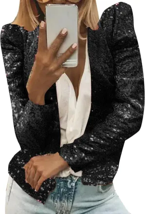 Womens Casual Open Front Sequin Jackets Cardigan Glitter Long Sleeve Shawl Collar Short Sport Coats Cropped Blazer Jackets