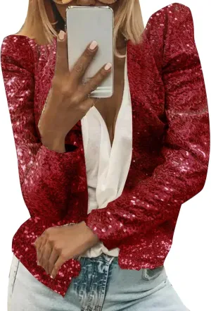 Womens Casual Open Front Sequin Jackets Cardigan Glitter Long Sleeve Shawl Collar Short Sport Coats Cropped Blazer Jackets