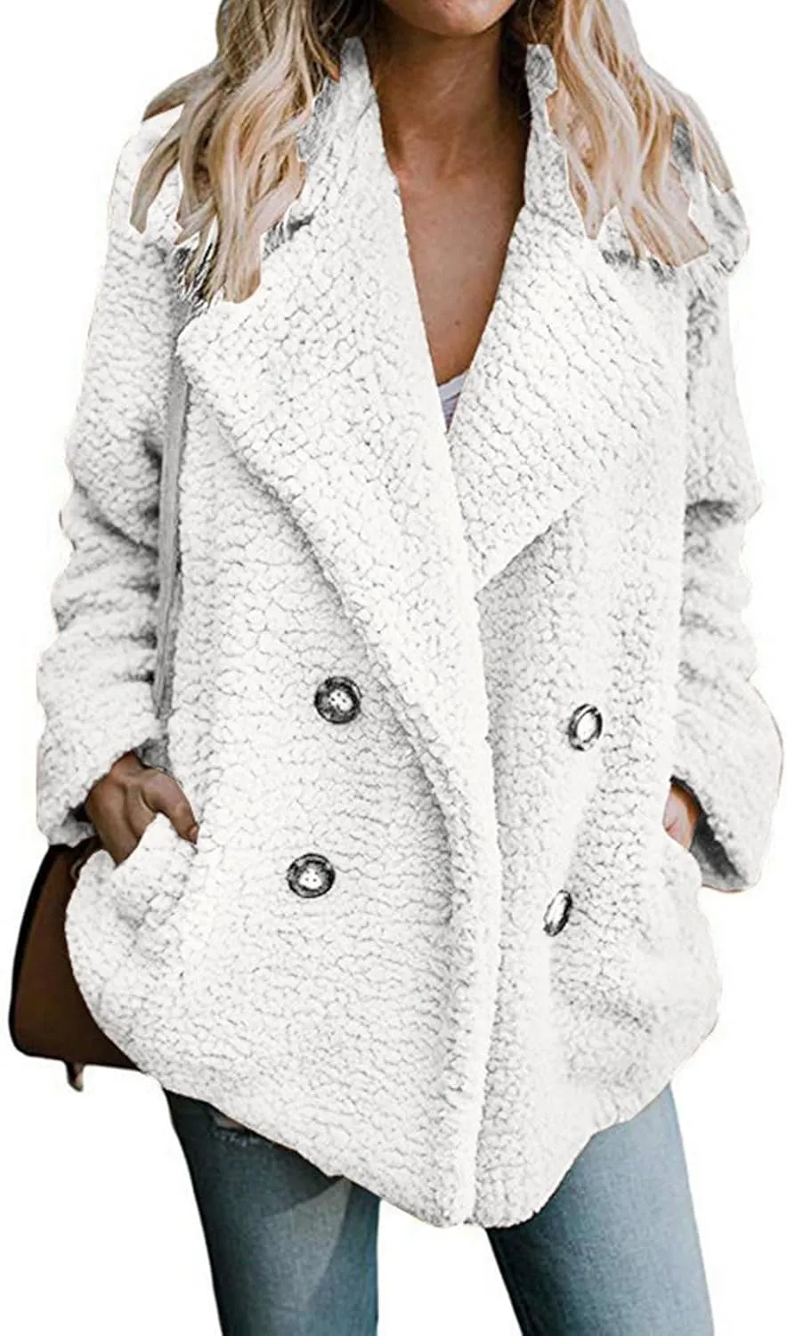 Womens Classic Trendy Solid Fleece Coat Double Breasted Long Sleeve Outwear Warm Loose Soft Overcoat Winter Clothes