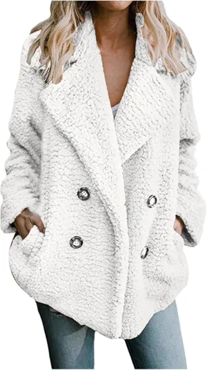 Womens Classic Trendy Solid Fleece Coat Double Breasted Long Sleeve Outwear Warm Loose Soft Overcoat Winter Clothes