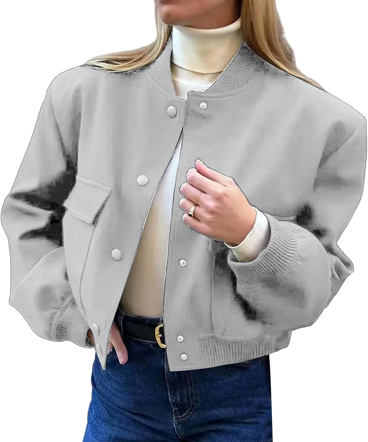 Womens Cropped Bomber Jacket Lightweight Long Sleeve Varsity Jacket Shacket Casual Stand Collar Coat With Pockets