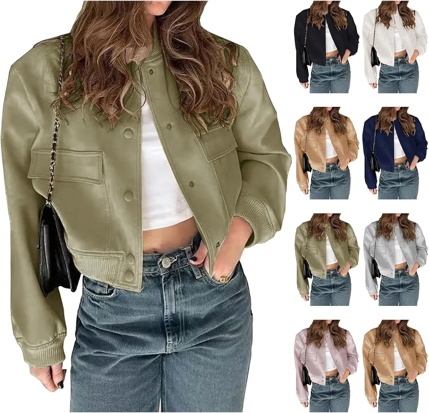 Womens Cropped Bomber Jacket Lightweight Long Sleeve Varsity Jacket Shacket Casual Stand Collar Coat With Pockets