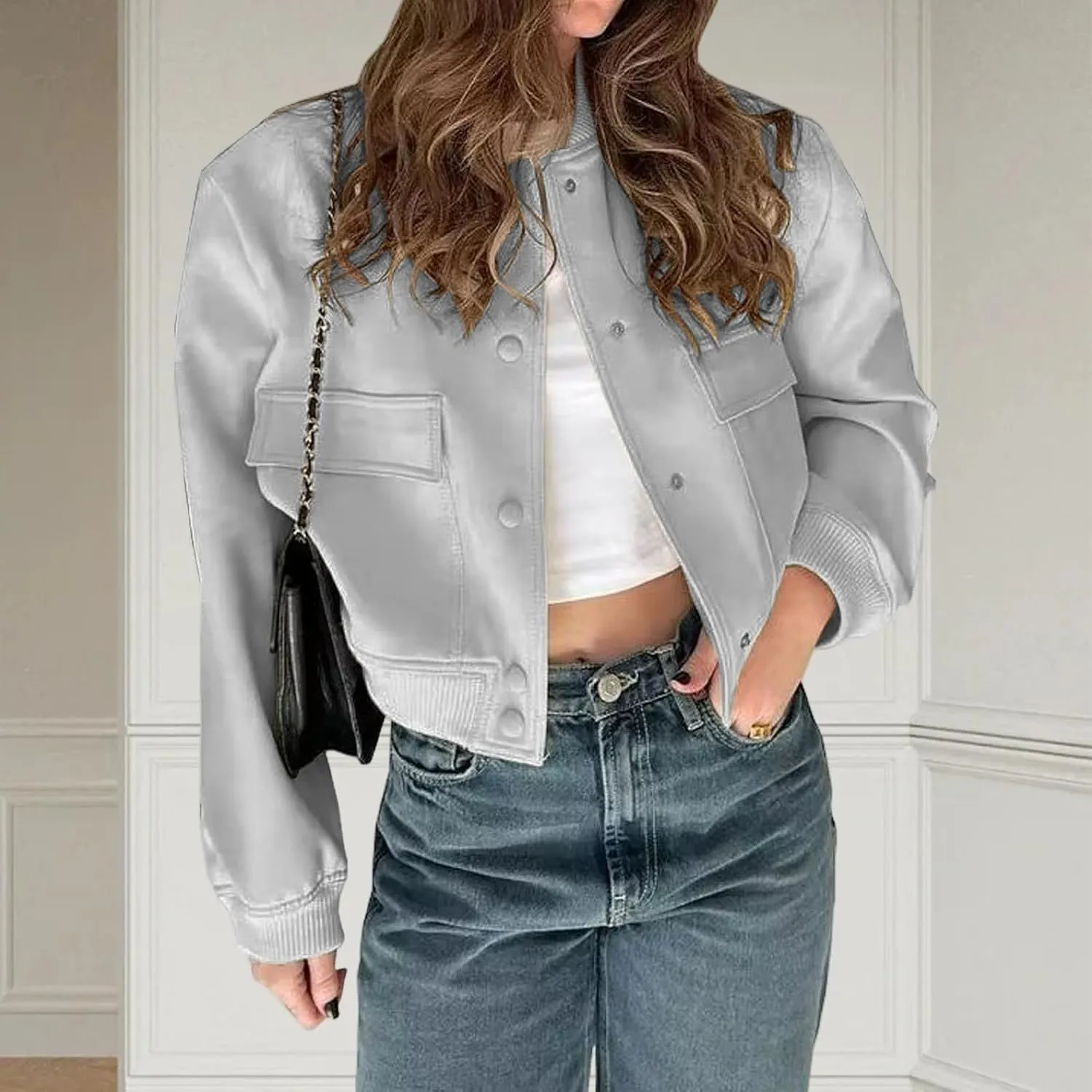 Womens Cropped Bomber Jacket Lightweight Long Sleeve Varsity Jacket Shacket Casual Stand Collar Coat With Pockets