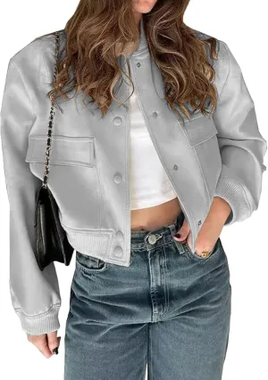 Womens Cropped Bomber Jacket Lightweight Long Sleeve Varsity Jacket Shacket Casual Stand Collar Coat With Pockets