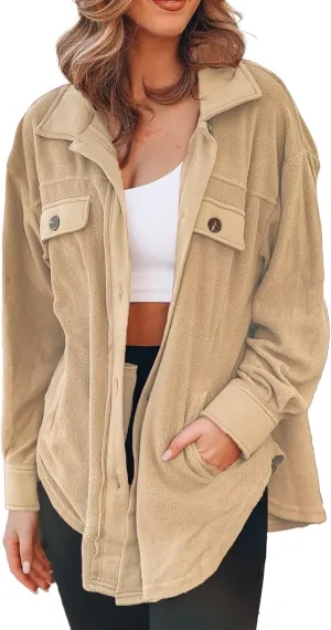 Womens Fleece Button Down Shacket Jacket Shirts Lapel Collar Long Sleeve Boyfriend Tops Casual Loose Fall Blouses