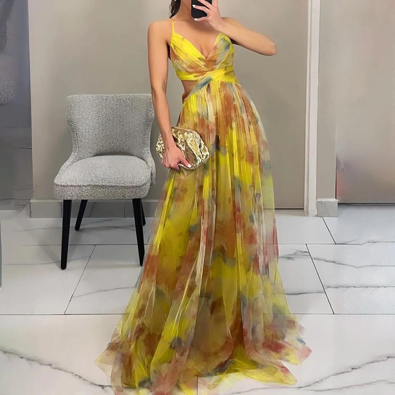 Women's Floral Tulle Wedding Guest Prom Dress Sexy Spaghetti Straps V Neck A Line Formal Colorful Cocktail Maxi Dresses