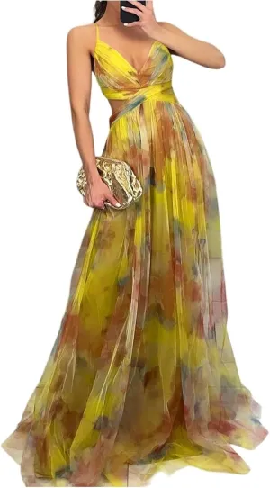 Women's Floral Tulle Wedding Guest Prom Dress Sexy Spaghetti Straps V Neck A Line Formal Colorful Cocktail Maxi Dresses