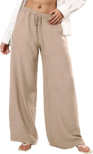 Women's Flowy Wide Leg Linen Pants Casual Beach Pants Elastic Waisted Drawstring Palazzo Trousers with Pockets