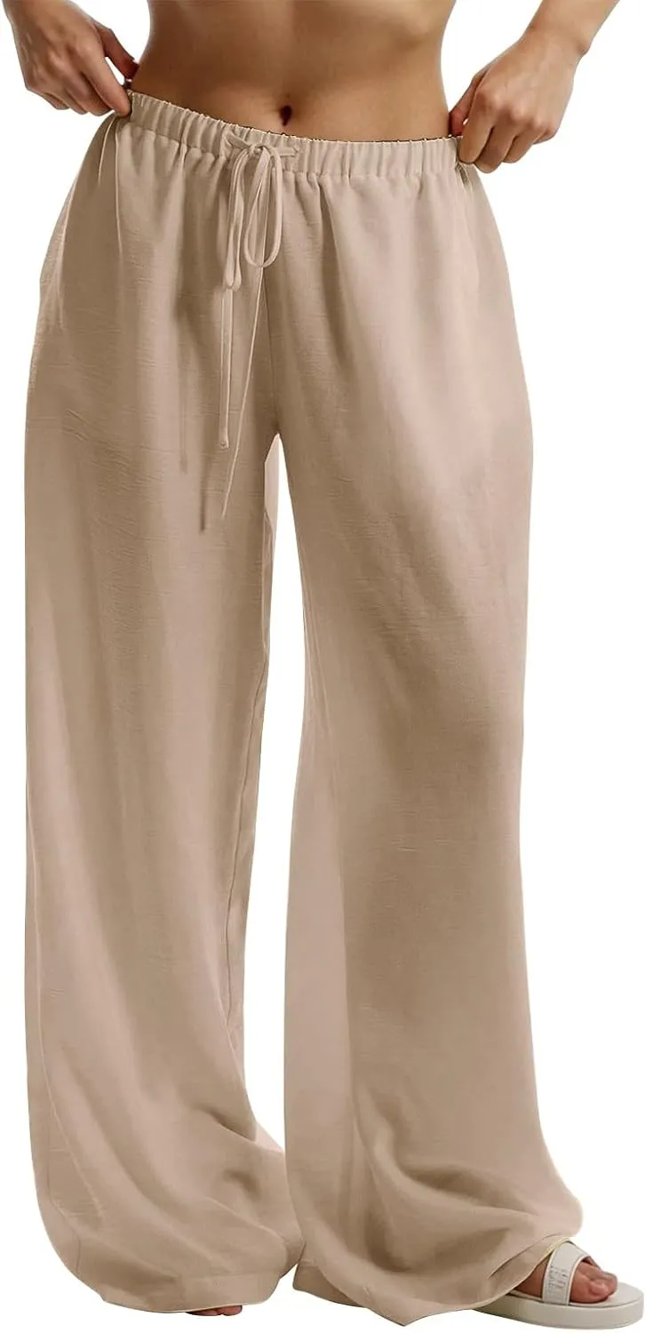 Women's Flowy Wide Leg Linen Pants Casual Beach Pants Elastic Waisted Drawstring Palazzo Trousers with Pockets
