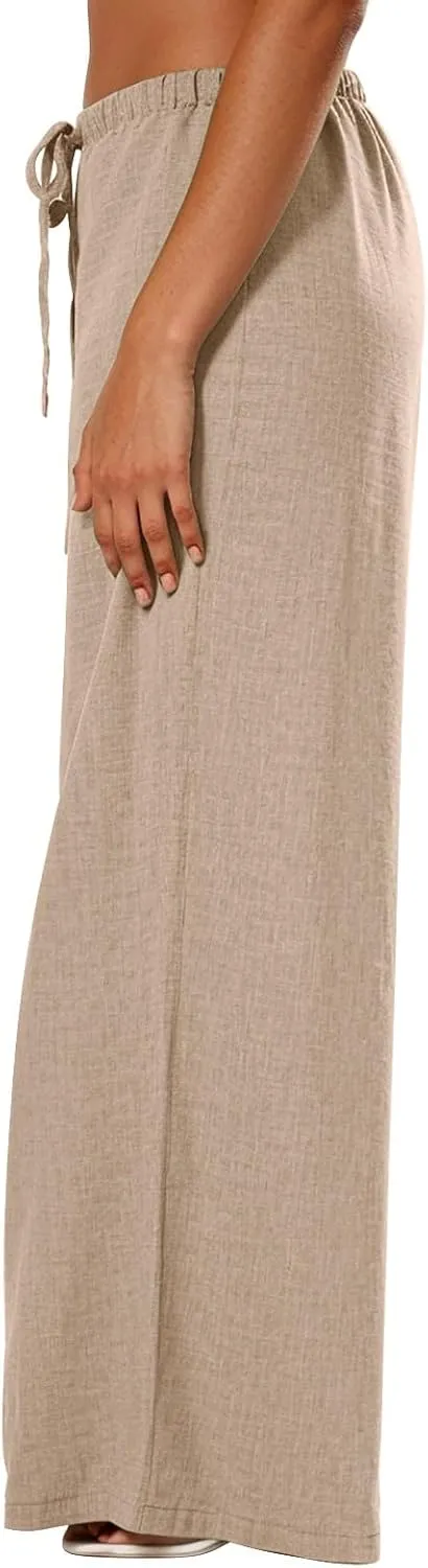 Women's Flowy Wide Leg Linen Pants Casual Beach Pants Elastic Waisted Drawstring Palazzo Trousers with Pockets