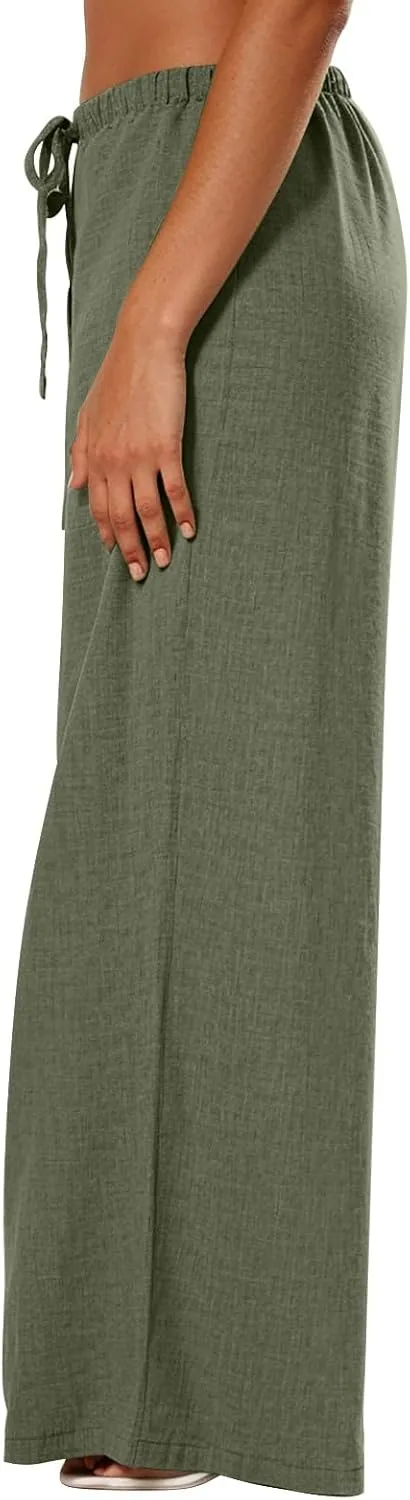 Women's Flowy Wide Leg Linen Pants Casual Beach Pants Elastic Waisted Drawstring Palazzo Trousers with Pockets