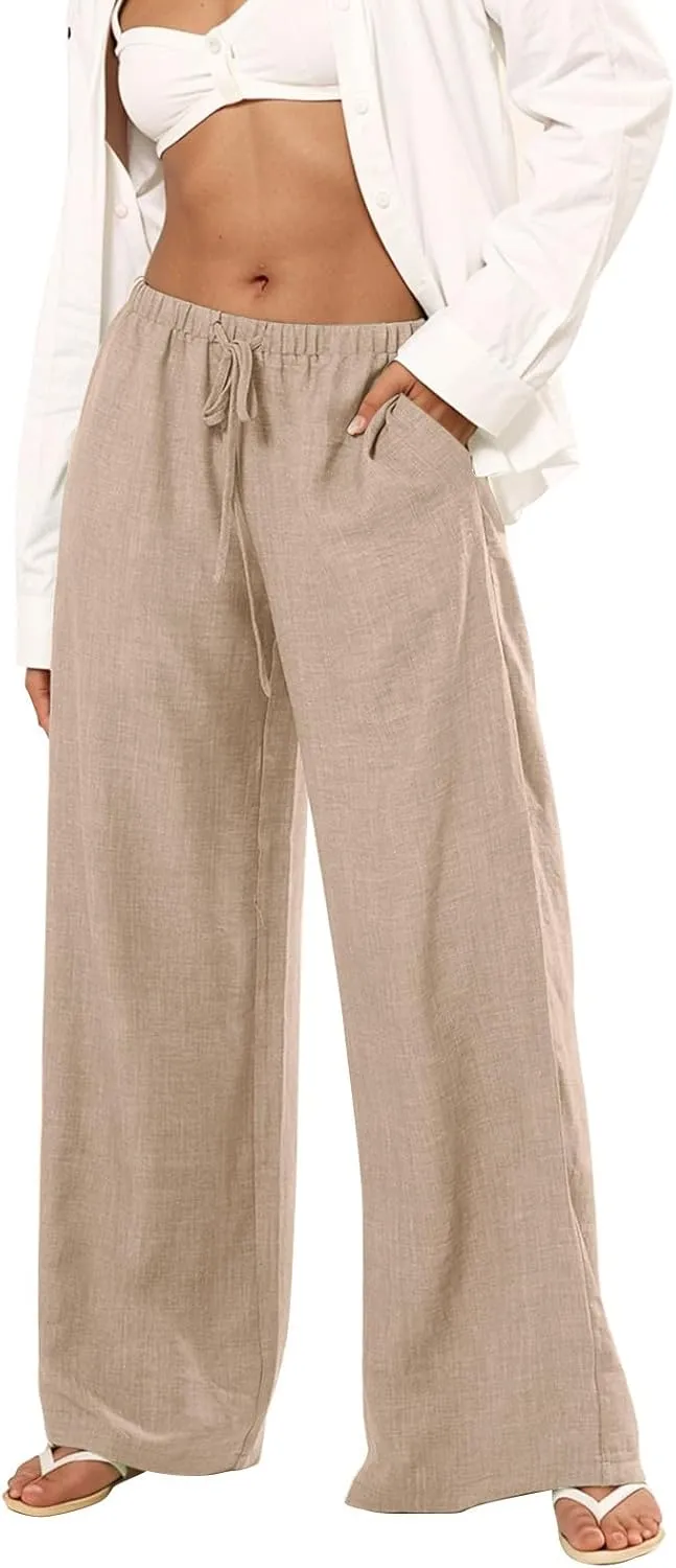 Women's Flowy Wide Leg Linen Pants Casual Beach Pants Elastic Waisted Drawstring Palazzo Trousers with Pockets