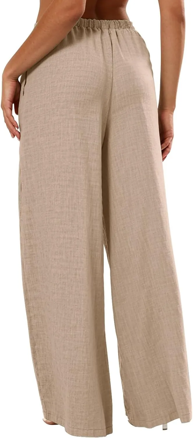 Women's Flowy Wide Leg Linen Pants Casual Beach Pants Elastic Waisted Drawstring Palazzo Trousers with Pockets