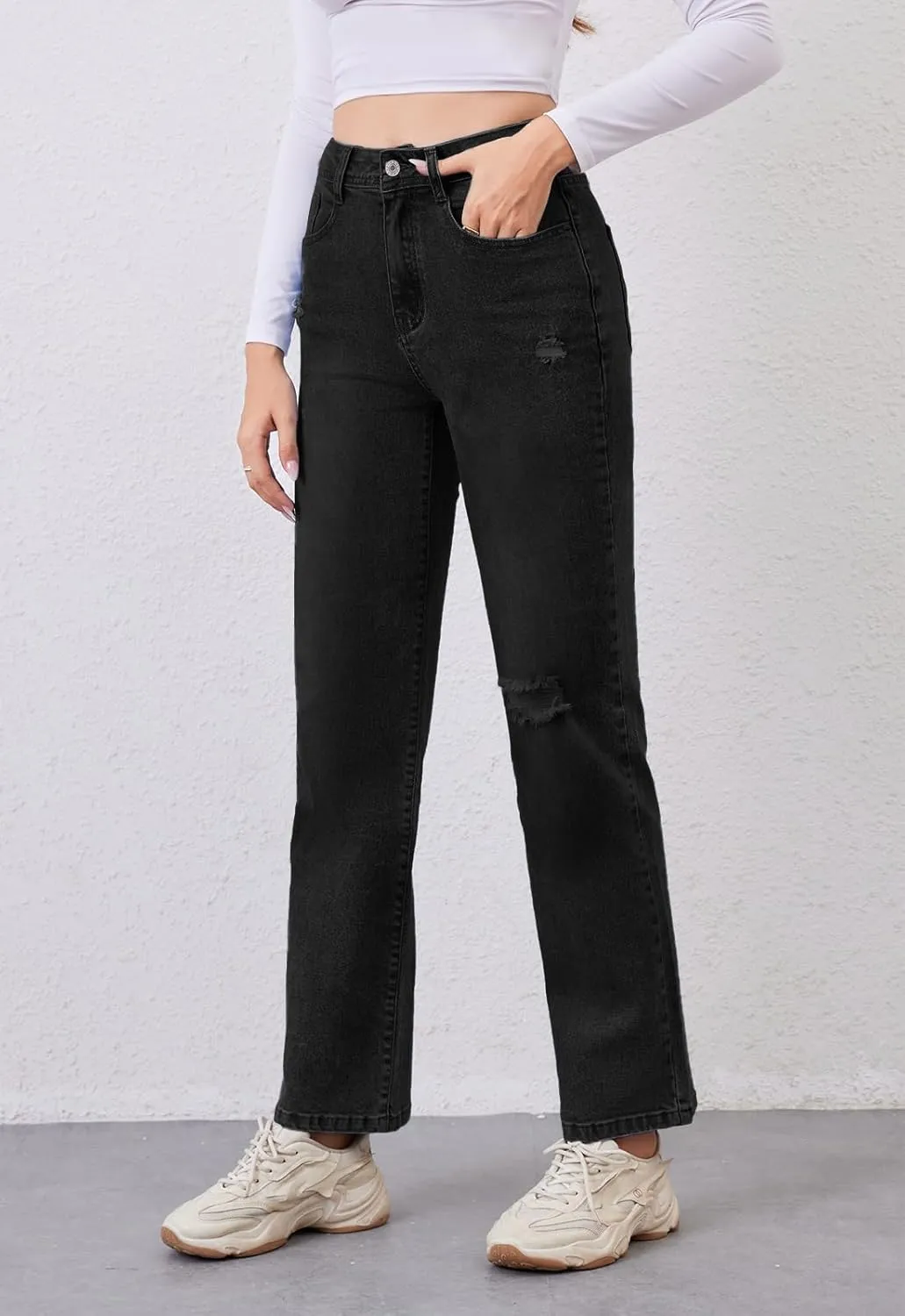 Women's High Waist Jeans Straight Leg Jeans Casual Distressed Stretchy Denim Pants with Pockets