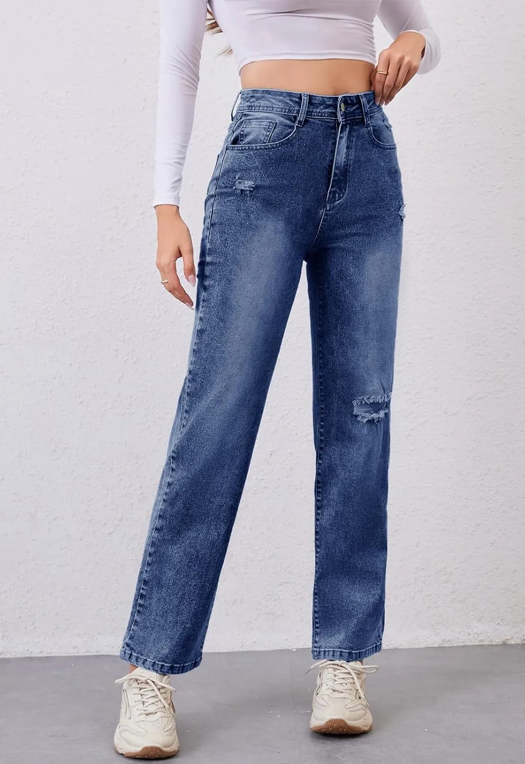 Women's High Waist Jeans Straight Leg Jeans Casual Distressed Stretchy Denim Pants with Pockets