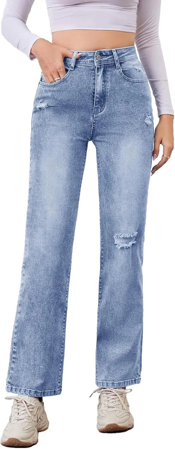 Women's High Waist Jeans Straight Leg Jeans Casual Distressed Stretchy Denim Pants with Pockets