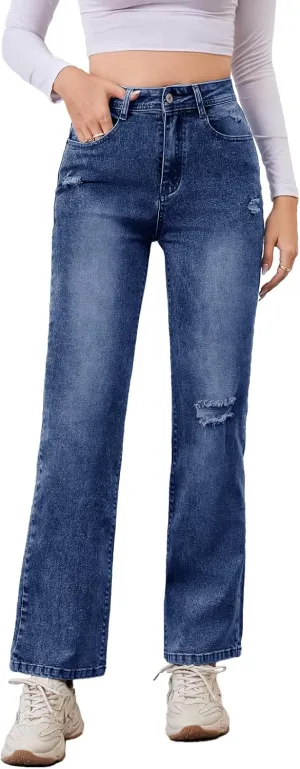 Women's High Waist Jeans Straight Leg Jeans Casual Distressed Stretchy Denim Pants with Pockets