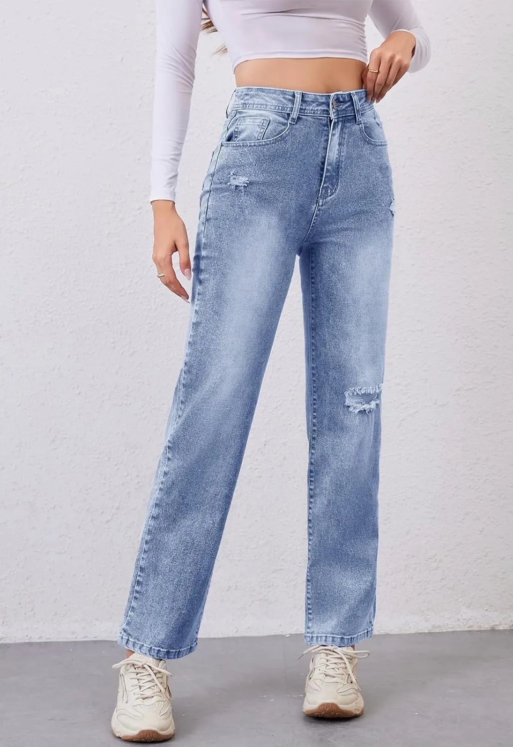 Women's High Waist Jeans Straight Leg Jeans Casual Distressed Stretchy Denim Pants with Pockets