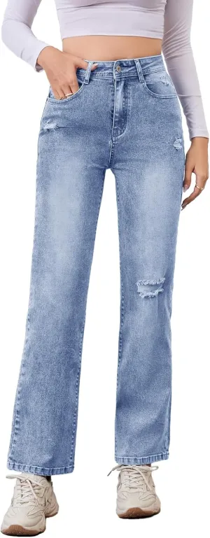 Women's High Waist Jeans Straight Leg Jeans Casual Distressed Stretchy Denim Pants with Pockets