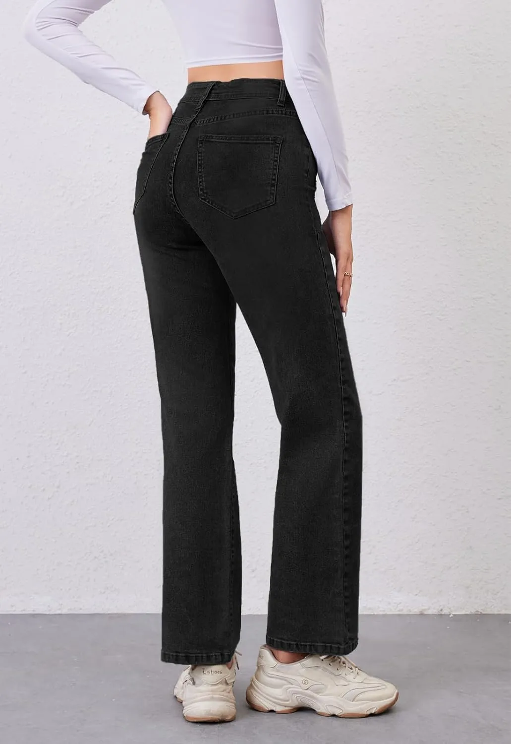 Women's High Waist Jeans Straight Leg Jeans Casual Distressed Stretchy Denim Pants with Pockets