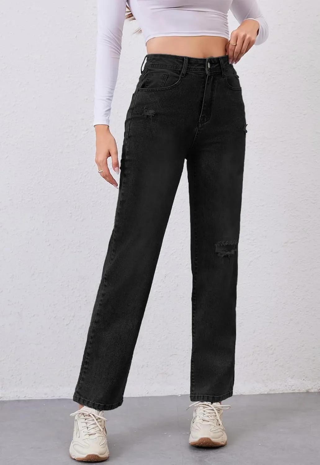 Women's High Waist Jeans Straight Leg Jeans Casual Distressed Stretchy Denim Pants with Pockets