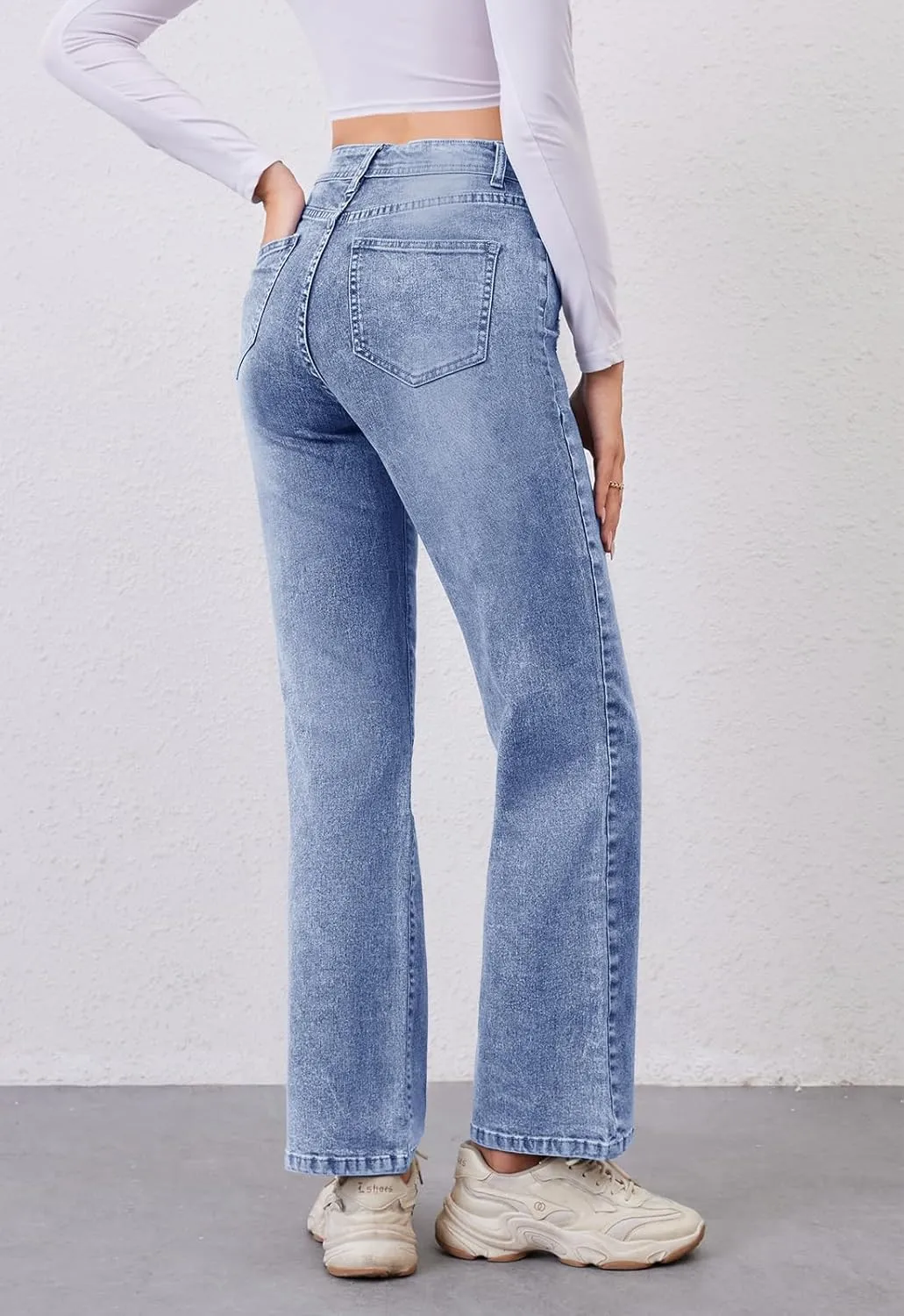 Women's High Waist Jeans Straight Leg Jeans Casual Distressed Stretchy Denim Pants with Pockets