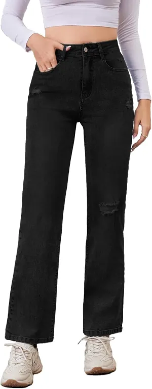 Women's High Waist Jeans Straight Leg Jeans Casual Distressed Stretchy Denim Pants with Pockets