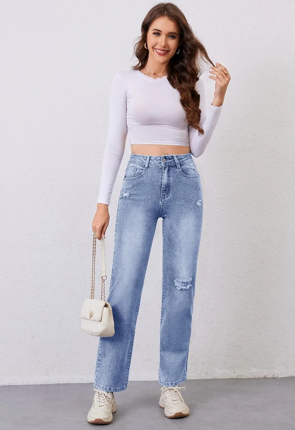 Women's High Waist Jeans Straight Leg Jeans Casual Distressed Stretchy Denim Pants with Pockets