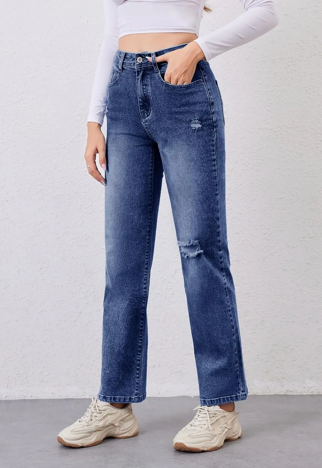 Women's High Waist Jeans Straight Leg Jeans Casual Distressed Stretchy Denim Pants with Pockets