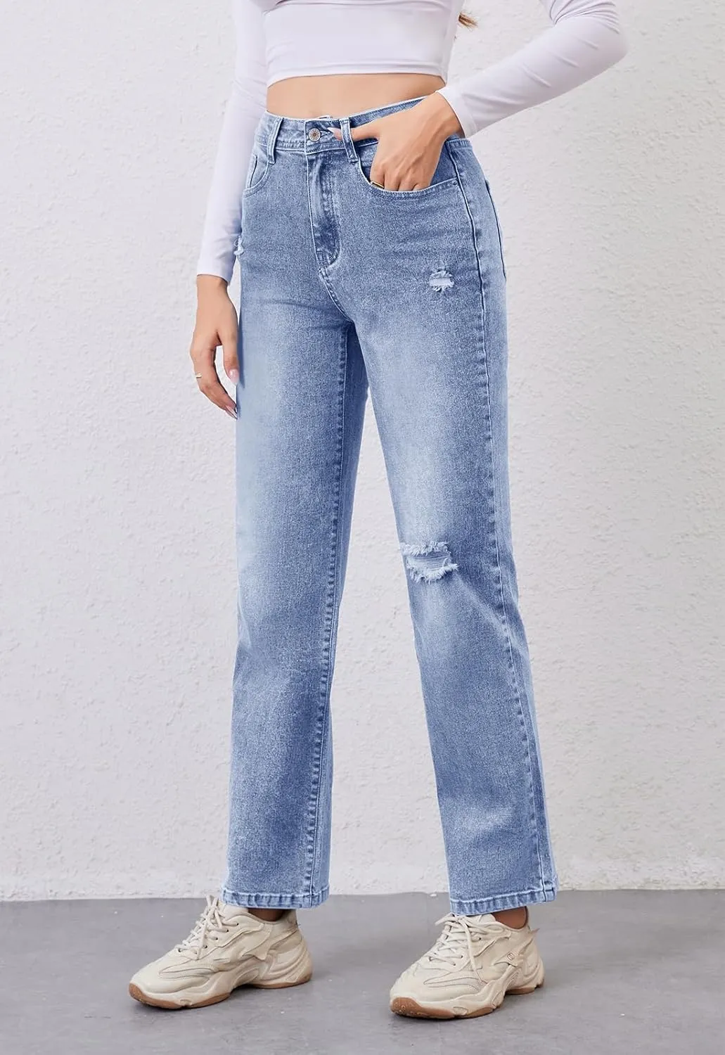 Women's High Waist Jeans Straight Leg Jeans Casual Distressed Stretchy Denim Pants with Pockets